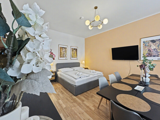 Master bedroom window with natural light and high ceilings in Vienna short-term rental