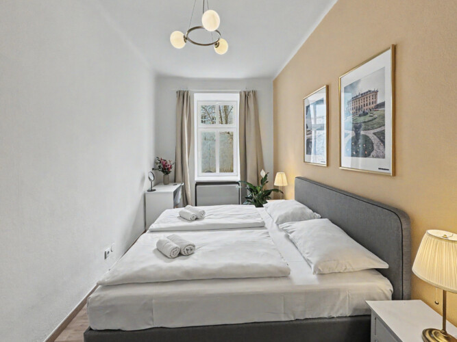 Coffee machine, microwave and kettle on kitchen counter in Vienna Altbau group apartment