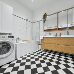 Bathroom mirror and vanity lighting in spacious Vienna Altbau holiday rental